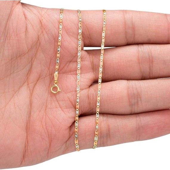 10k Three Tone Yellow Rose White Gold 1.5mm Valentin Link Anchor Chain Pendant Necklace, Womens 16" 18" 20" 22" 24"