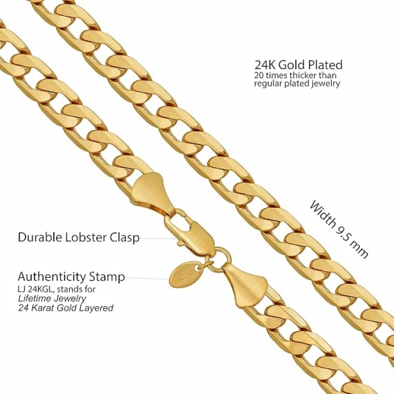 Beveled Cuban Link Curb Chain Necklaces 24k Real Gold Plated (3mm, 6mm & 9.5mm)