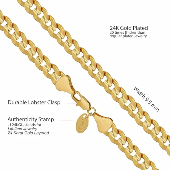 Cuban Link Chain Necklace 24k Gold Plated for Men and Women (6mm & 9.5mm)