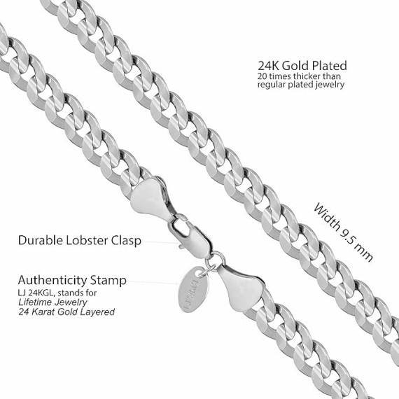Cuban Link Chain Necklace 24k Gold Plated for Men and Women (6mm & 9.5mm)