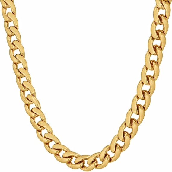 7mm Polished Cuban Link Chain Necklace for Women & Men 24k Gold Plated