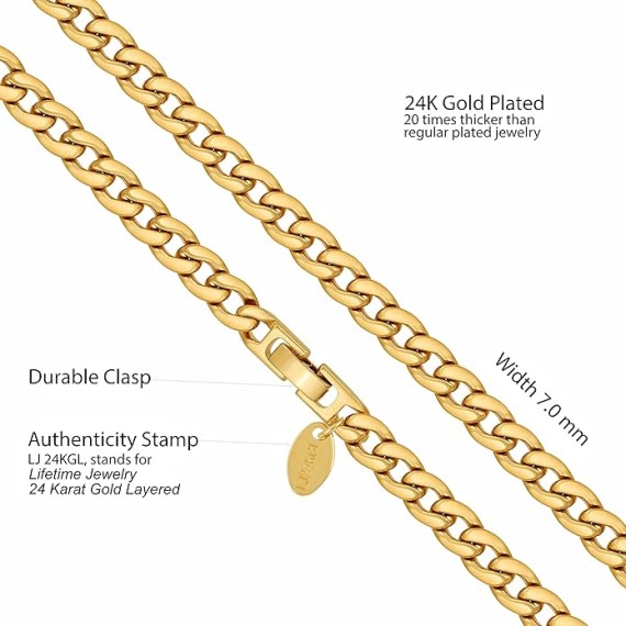 7mm Polished Cuban Link Chain Necklace for Women & Men 24k Gold Plated
