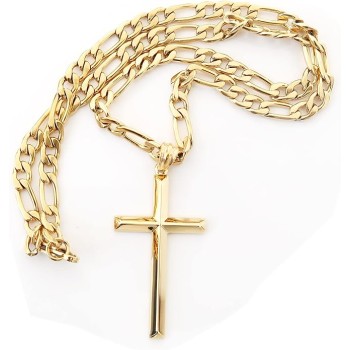 24K Gold Figaro Chain Style Cross Pendant Necklace 5MM Cross Necklace Clasp for MEN, HUSBAND Thin for Charms Miami Cuban Link Diamond Cut Religious Beveled Edge
