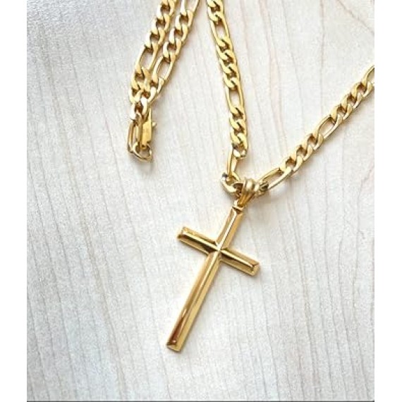 18K Gold Figaro Chain Style Cross Pendant Necklace 5MM Cross Necklace Clasp for MEN, HUSBAND Thin for Charms Miami Cuban Link Diamond Cut Religious Beveled Edge