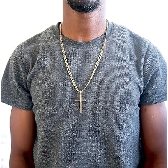 18K Gold Figaro Chain Style Cross Pendant Necklace 5MM Cross Necklace Clasp for MEN, HUSBAND Thin for Charms Miami Cuban Link Diamond Cut Religious Beveled Edge