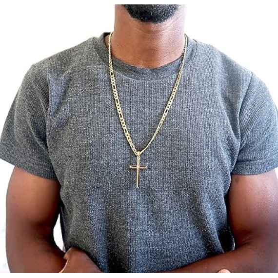 18K Gold Figaro Chain Style Cross Pendant Necklace 5MM Cross Necklace Clasp for MEN, HUSBAND Thin for Charms Miami Cuban Link Diamond Cut Religious Beveled Edge