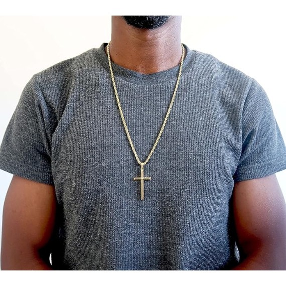 14K Gold Rope Chain Style Cross Pendant Necklace 3MM Cross Necklace Clasp for MEN, HUSBAND Thin for Charms Miami Cuban Link Diamond Cut Religious Beveled Edge