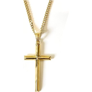 14K Gold Chain Style Cross Pendant Necklace Solid Clasp for Men, Husband Thin for Charms Miami Cuban Link Diamond Cut Religious Beveled Edge