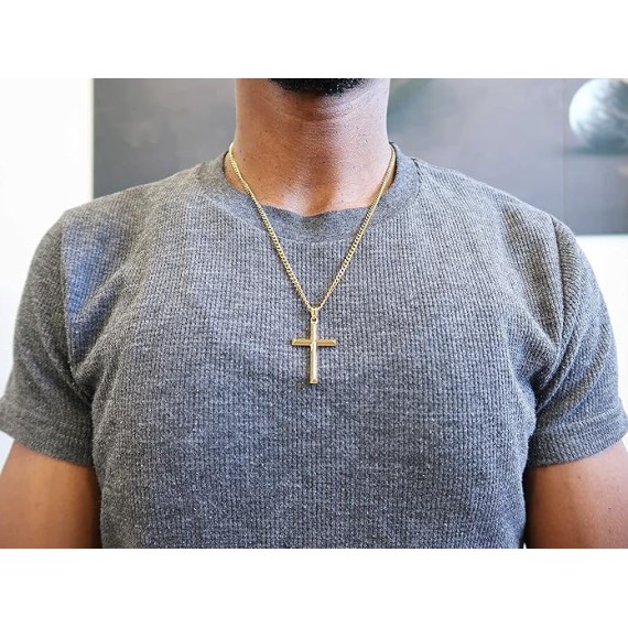 14K Gold Chain Style Cross Pendant Necklace Solid Clasp for Men, Husband Thin for Charms Miami Cuban Link Diamond Cut Religious Beveled Edge