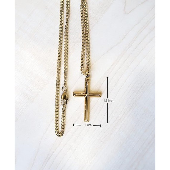 14K Gold Chain Style Cross Pendant Necklace Solid Clasp for Men, Husband Thin for Charms Miami Cuban Link Diamond Cut Religious Beveled Edge