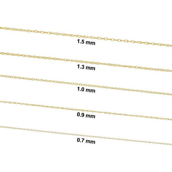 Real 14k Yellow Gold Rope Chain Pendant Necklace for Women (0.7 mm, 0.9 mm, 1 mm, 1.3 mm, or 1.5 mm)