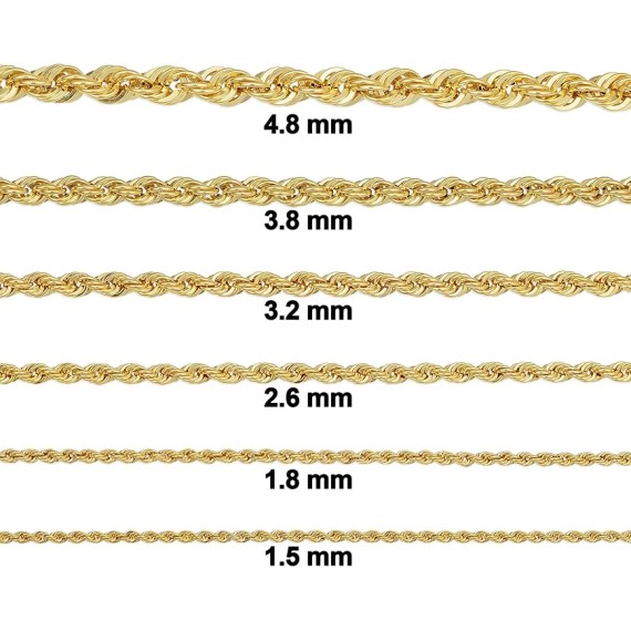 10k Yellow Gold Rope Chain Necklace For Men And Women (choose from 1.5mm, 1.8mm, 2.6mm, 3.2mm, 3.8mm or 4.8mm. size from 16 until 30 inches long)