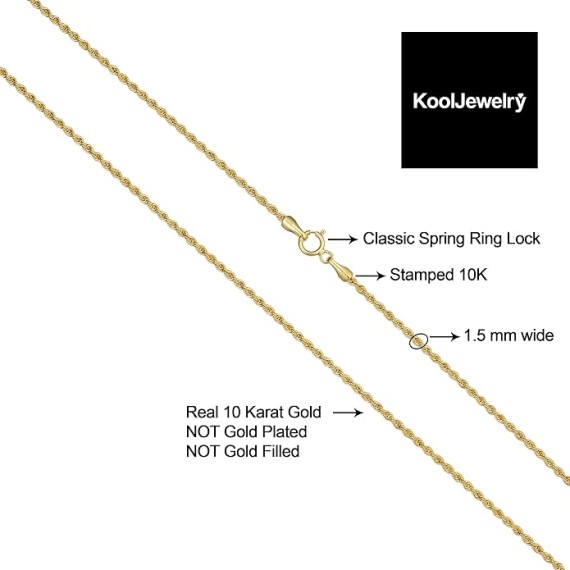 10k Yellow Gold Rope Chain Necklace For Men And Women (choose from 1.5mm, 1.8mm, 2.6mm, 3.2mm, 3.8mm or 4.8mm. size from 16 until 30 inches long)