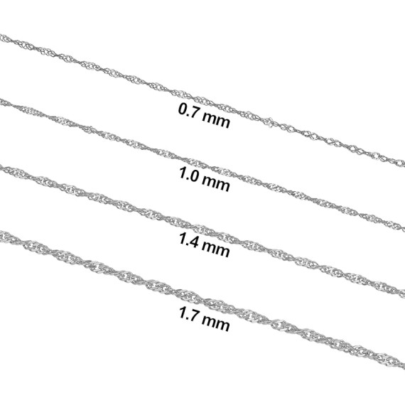 10k White Gold Singapore Chain Necklace For Women - Real Gold (choose from 0.7mm, 1mm, 1.4mm, 1.7mm width - sizes from 14 to 30 inches long)