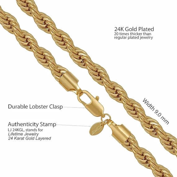 9mm Rope Chain Necklace 24k Real Gold Plated for Women and Men