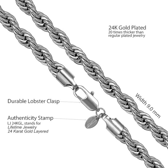 9mm Rope Chain Necklace 24k Real Gold Plated for Women and Men