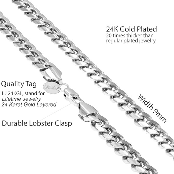 9mm Miami Curb Cuban Link Chain Necklace 24k Gold Plated
