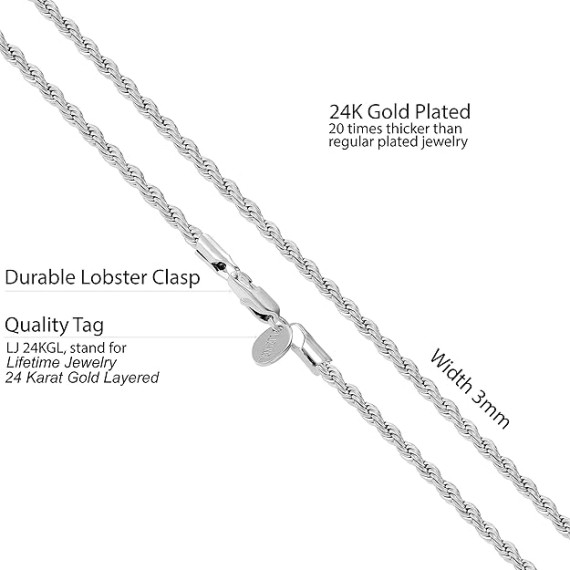 24k Real Gold Plated 3mm Gold Rope Chain for Men & Women Diamond Cut Gold Chain Necklace Women & Necklace for Men 14 to 36 Inch