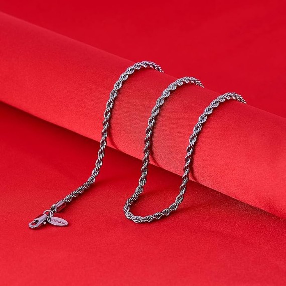 4mm Twisted Rope Chain Necklace for Men & Women Stainless Steel | Black | Gunmetal | Diamond Cut 16 to 36 Inches