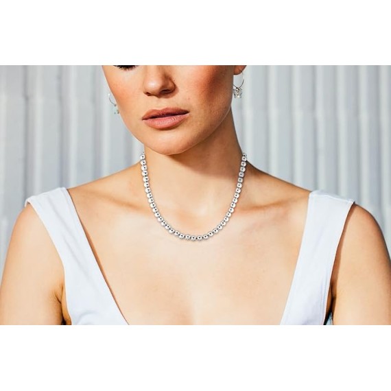 925 Sterling Silver 6MM Handmade Bead Ball Strand Chain Necklace For Women - Made in Italy Comes With a Gift Box