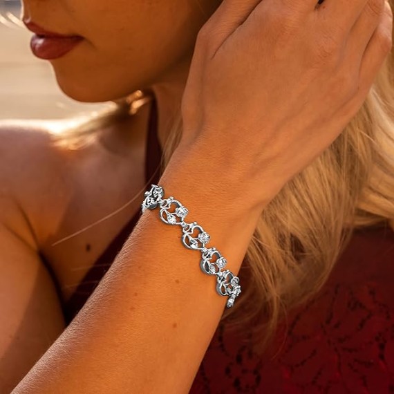 Hearts and Roses Ladies Charm Bracelet for Women 24k Real Gold Plated