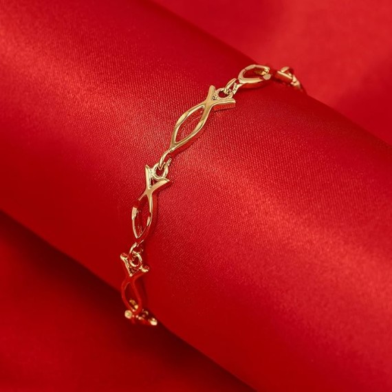 Diamond Cut Fish Link Bracelet for Women and Men 24k Real Gold Plated