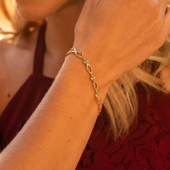 Diamond Cut Fish Link Bracelet for Women and Men 24k Real Gold Plated
