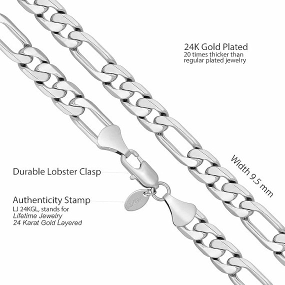 Beveled Figaro Chain Necklaces for Women and Men 24k Real Gold Plated (6.5mm, 8mm, 9.5mm & 11mm)
