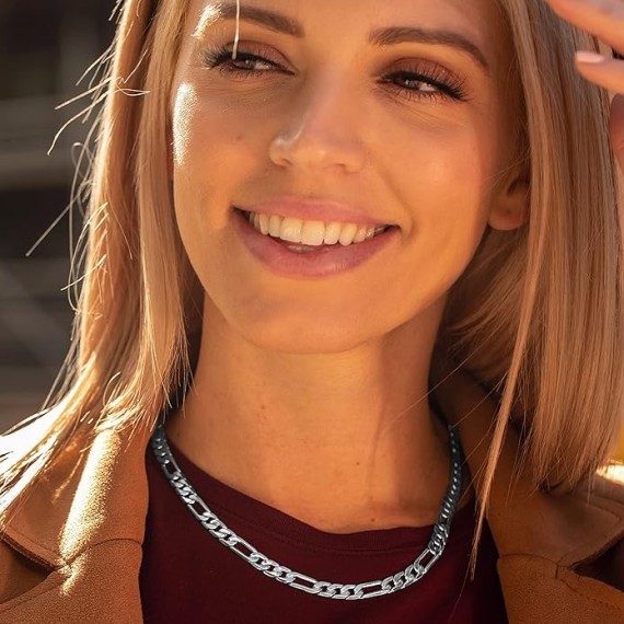 Beveled Figaro Chain Necklaces for Women and Men 24k Real Gold Plated (6.5mm, 8mm, 9.5mm & 11mm)
