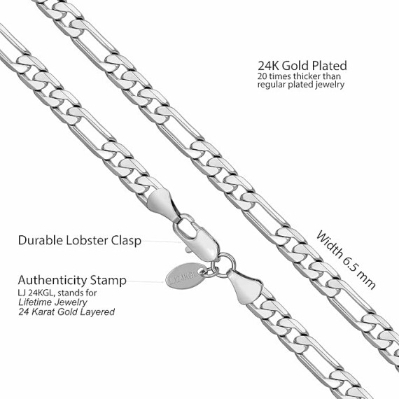 Beveled Figaro Chain Necklaces for Women and Men 24k Real Gold Plated (6.5mm, 8mm, 9.5mm & 11mm)