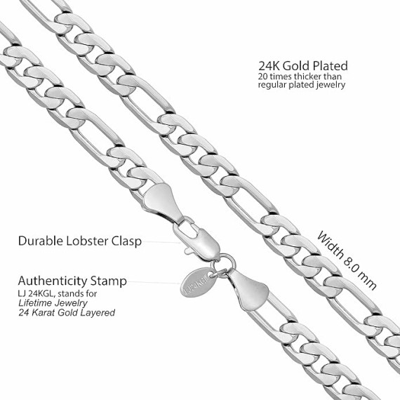Beveled Figaro Chain Necklaces for Women and Men 24k Real Gold Plated (6.5mm, 8mm, 9.5mm & 11mm)