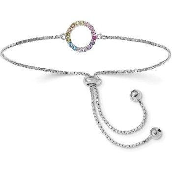 Fancy Rhodium Plated Cz Centered Colorful Circle Charm with Polished 925 Sterling Silver Bolo Bracelet