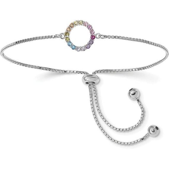 Fancy Rhodium Plated Cz Centered Colorful Circle Charm with Polished 925 Sterling Silver Bolo Bracelet