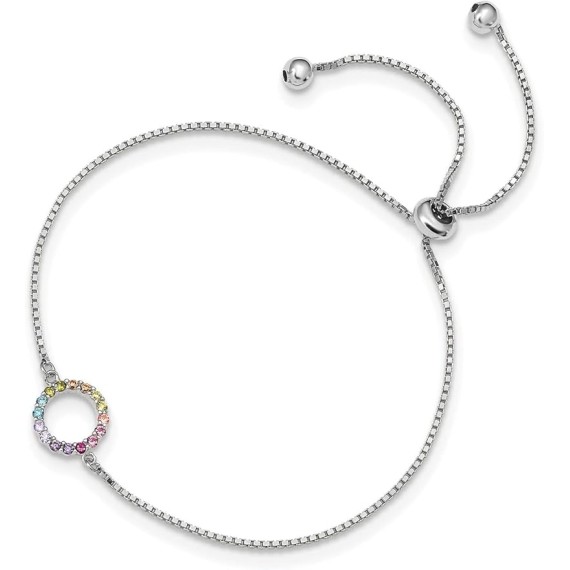 Fancy Rhodium Plated Cz Centered Colorful Circle Charm with Polished 925 Sterling Silver Bolo Bracelet