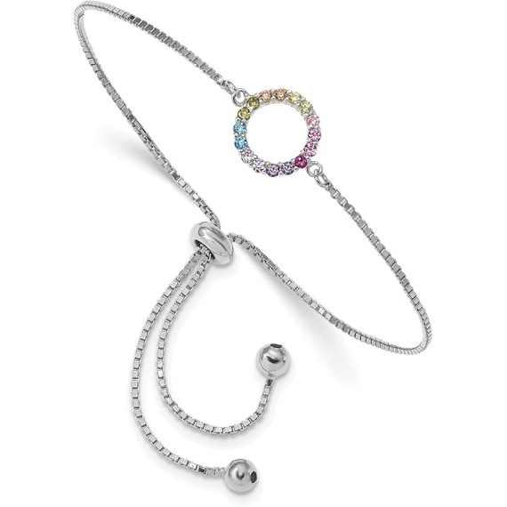 Fancy Rhodium Plated Cz Centered Colorful Circle Charm with Polished 925 Sterling Silver Bolo Bracelet