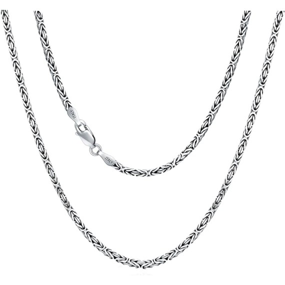 925 Sterling Silver 2.5mm Solid Byzantine Chain Link Necklace for Men Women Oxidized Square Silver Chain Jewelry Gift, 16-36 Inch
