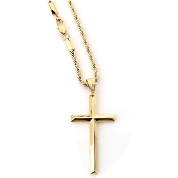 24K Gold Rope Chain Style Cross Pendant Necklace 3MM Cross Necklace Gift for MEN, HUSBAND FIANCE Thin for Charms Miami Cuban Link Diamond Cut Religious Beveled Edge