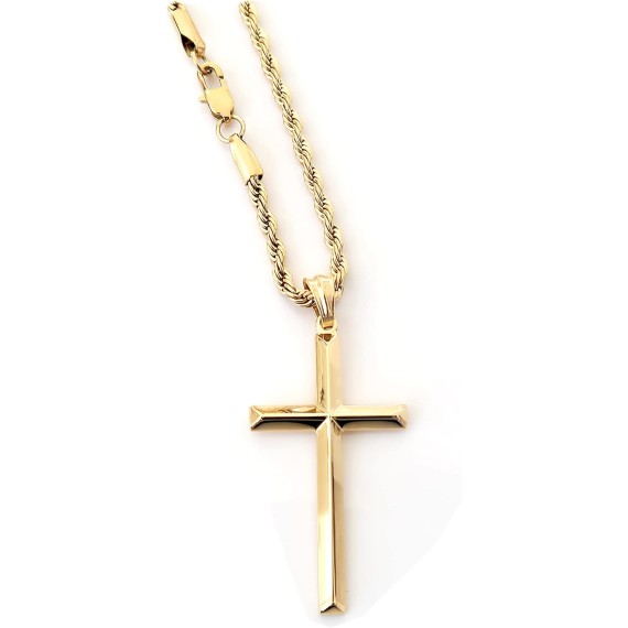 24K Gold Rope Chain Style Cross Pendant Necklace 3MM Cross Necklace Gift for MEN, HUSBAND FIANCE Thin for Charms Miami Cuban Link Diamond Cut Religious Beveled Edge