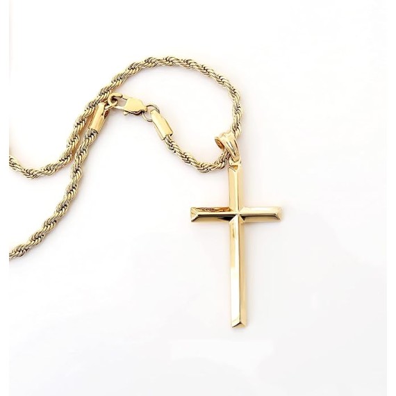 24K Gold Rope Chain Style Cross Pendant Necklace 3MM Cross Necklace Gift for MEN, HUSBAND FIANCE Thin for Charms Miami Cuban Link Diamond Cut Religious Beveled Edge