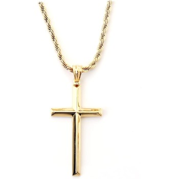 24K Gold Rope Chain Style Cross Pendant Necklace 3MM Cross Necklace Gift for MEN, HUSBAND FIANCE Thin for Charms Miami Cuban Link Diamond Cut Religious Beveled Edge