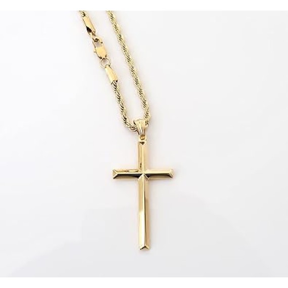 24K Gold Rope Chain Style Cross Pendant Necklace 3MM Cross Necklace Gift for MEN, HUSBAND FIANCE Thin for Charms Miami Cuban Link Diamond Cut Religious Beveled Edge