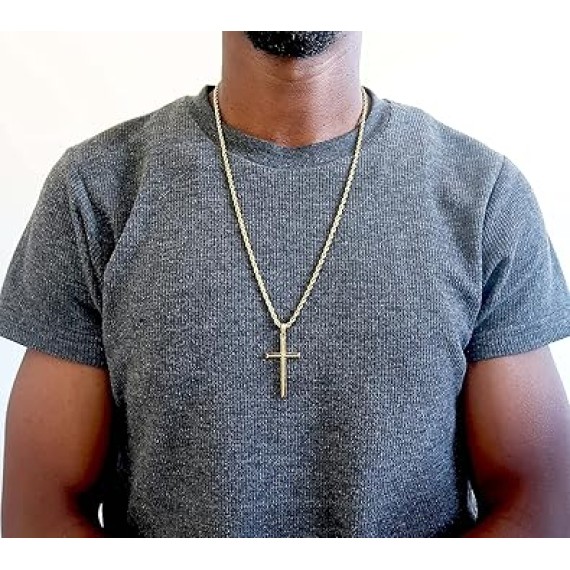 24K Gold Rope Chain Style Cross Pendant Necklace 3MM Cross Necklace Gift for MEN, HUSBAND FIANCE Thin for Charms Miami Cuban Link Diamond Cut Religious Beveled Edge