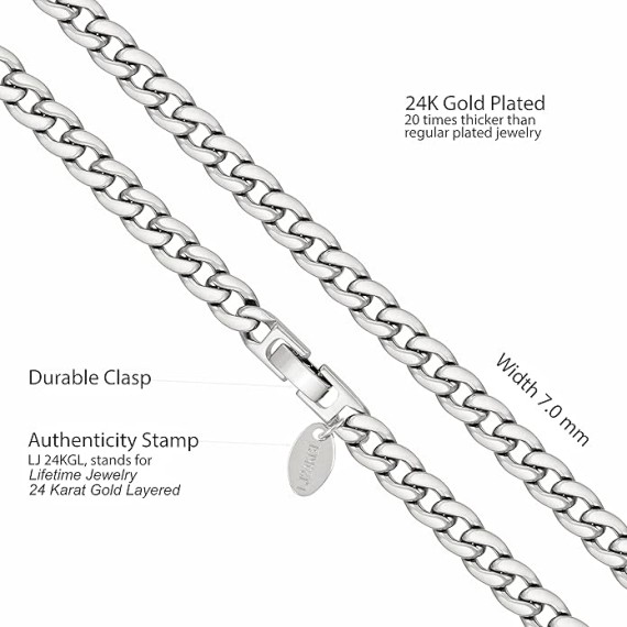 7mm Polished Cuban Link Chain Necklace for Women & Men 24k Gold Plated