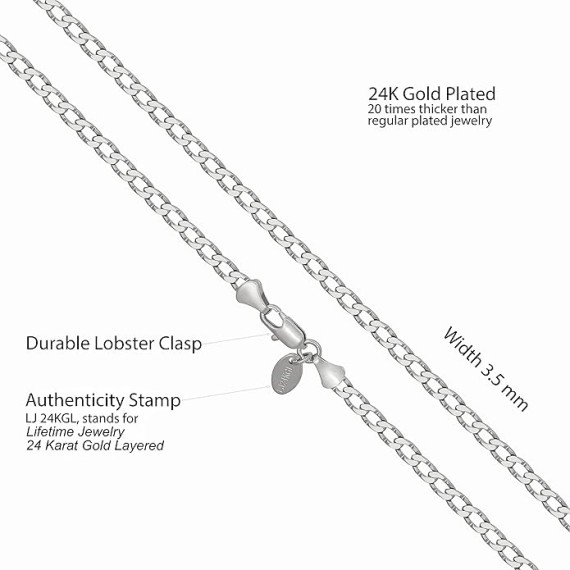 Diamond Cut Edge Curb Link Chain Necklace 24k Real Gold Plated