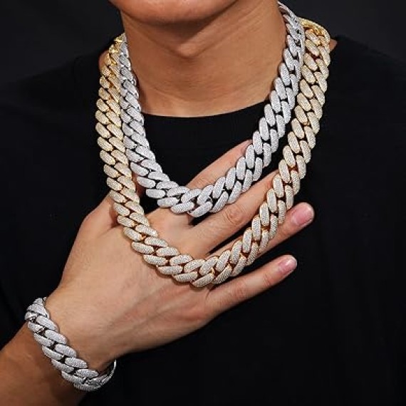 20mm Iced Out Cuban Link Chain 18K White Gold Plated 4-Row dense 5A+ Cubic Zirconia Bling Diamond Necklace Hip Hop Rapper Luxury Jewelry Thick Heavy Cuban Link Chain for Men and Women