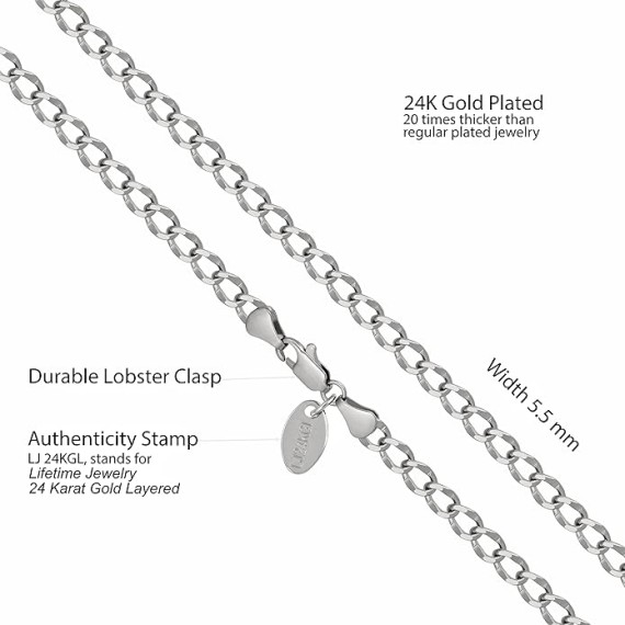 Diamond Cut Curb Link Chain Necklaces for Men & Women 24k Gold Plated (4mm 5.5mm 7mm)