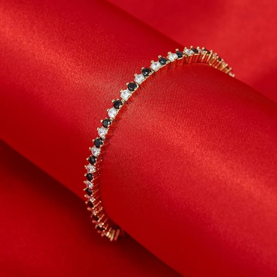 24k Gold Plated 3.5mm Black and White Cubic Zirconia Diamond Classic Tennis Bracelet for Women | Gold Bracelets for Women | Size 7-8 Inch