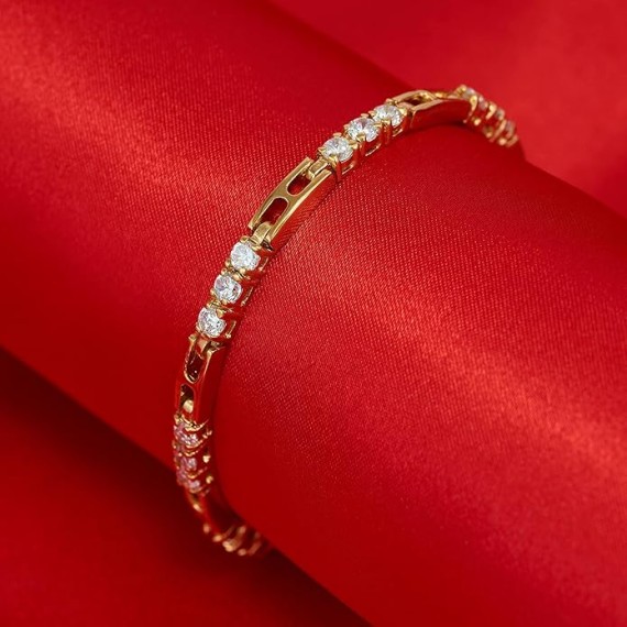 24k Gold Plated 3.5mm White Triple Cubic Zirconia Diamond Classic Tennis Bracelet for Women | Gold Bracelets for Women | Size 7-8 Inch