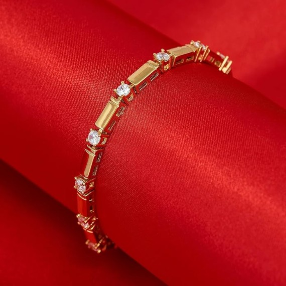 24k Gold Plated 3.5mm Bar Single Stone White Cubic Zirconia Diamond Classic Tennis Bracelet for Women | Gold Bracelets for Women | Size 7-8 Inch