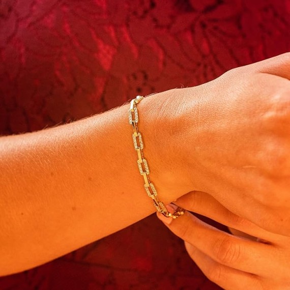 24k Gold Plated 5.5mm Rectangle Link White Cubic Zirconia Diamond Classic Tennis Bracelet for Women | Gold Bracelets for Women | Size 7-8 Inch